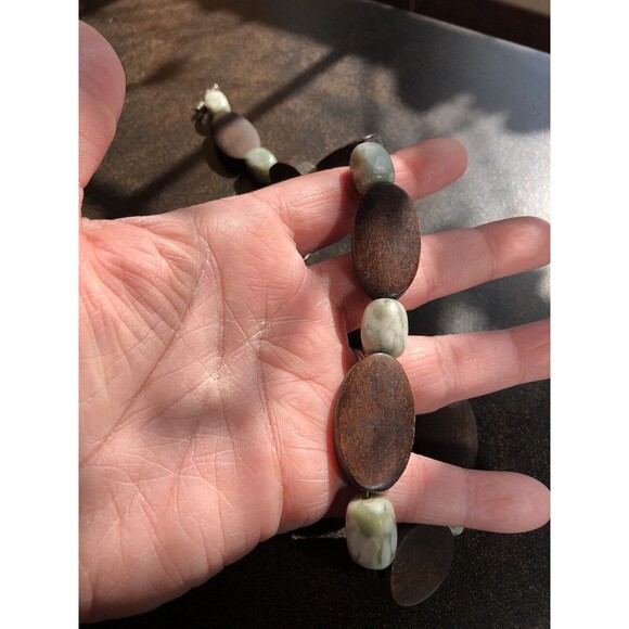 Jasper Stone Green Wood Beaded Necklace Artisan Earthy Boho Handmade Peace Stone - Picture 4 of 7